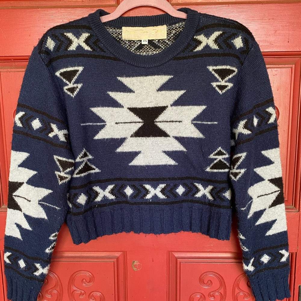 Jen’s Pirate Booty Blue Aztec Crop Sweater